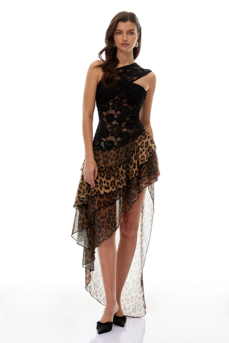 Giselle Maxi Dress Black Leopard Print Asymmetrical