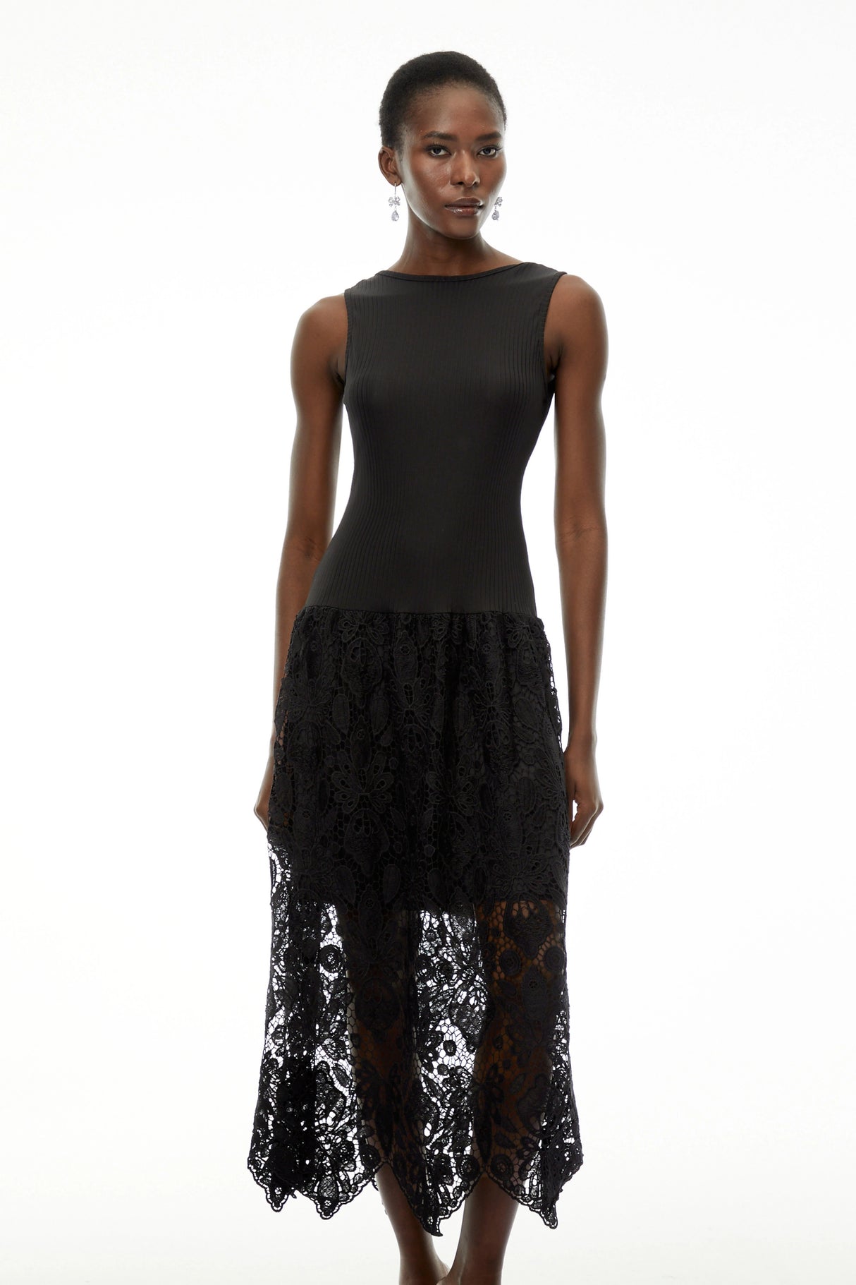 Marion Black Textured Knit Midi Dress with Lace