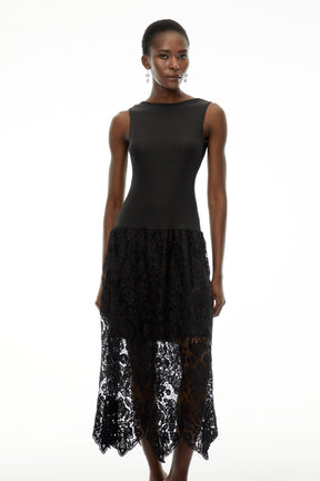 Marion Black Textured Knit Midi Dress with Lace