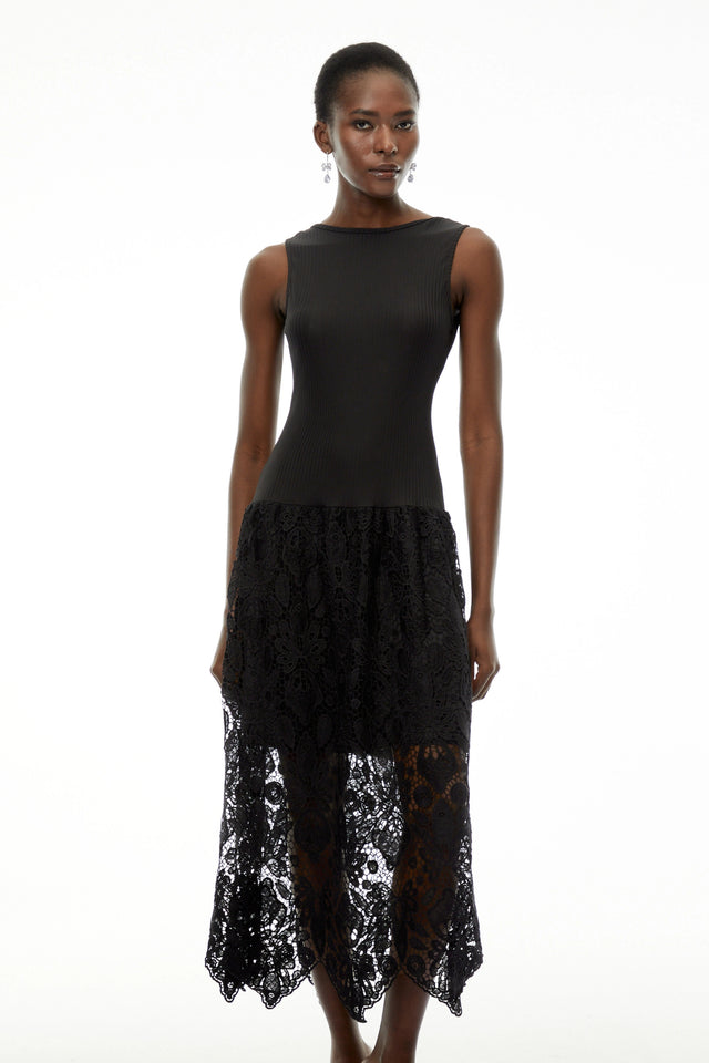 Marion Black Textured Knit Midi Dress with Lace