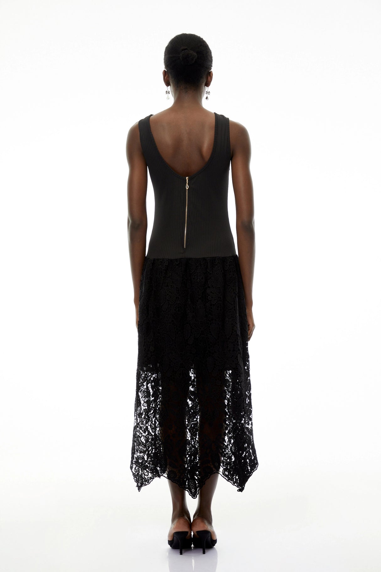 Marion Black Textured Knit Midi Dress with Lace