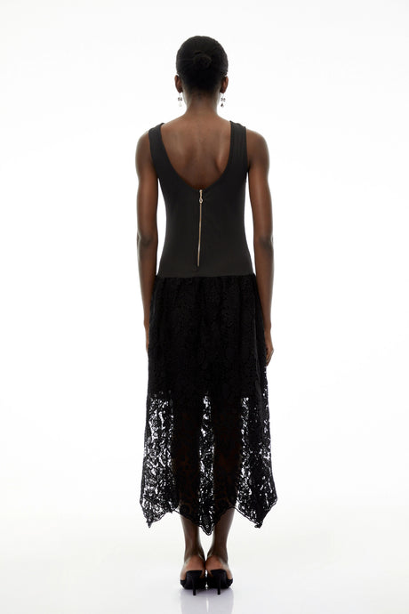 Arianna Midi Dress Black Textured Knit with Lace