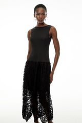 Marion Black Textured Knit Midi Dress with Lace