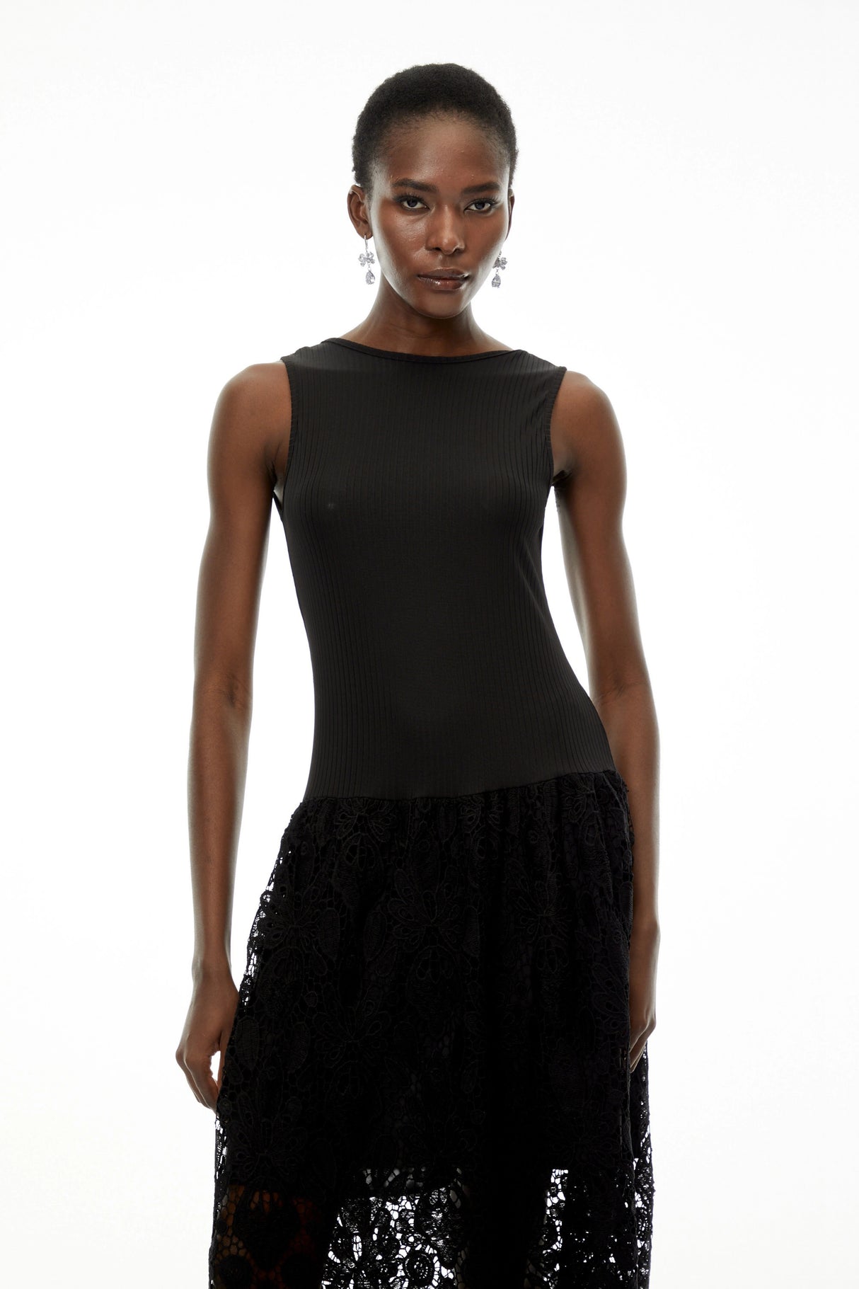 Marion Black Textured Knit Midi Dress with Lace