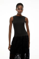 Marion Black Textured Knit Midi Dress with Lace