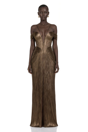 Marise Brown Draped Satin Maxi Dress