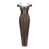 Marise Brown Draped Satin Maxi Dress