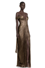 Marise Brown Draped Satin Maxi Dress