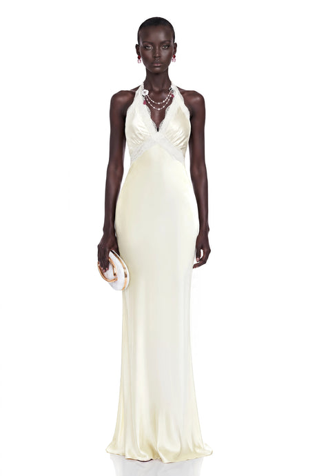 Guenda Maxi Dress White Plunge Neck Halterneck with Lace Trim