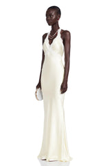 Maristella White Plunge Neck Halterneck Maxi Dress with Lace Trim