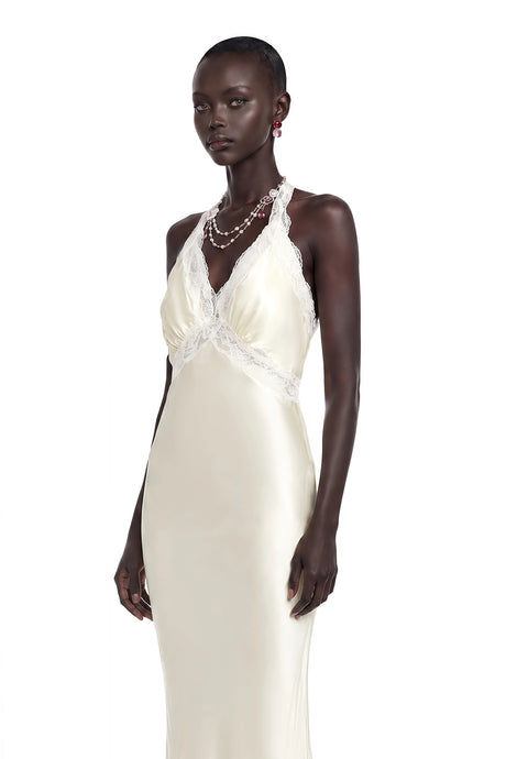 Guenda Maxi Dress White Plunge Neck Halterneck with Lace Trim