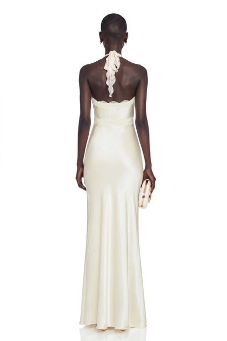Guenda Maxi Dress White Plunge Neck Halterneck with Lace Trim
