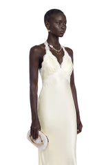 Maristella White Plunge Neck Halterneck Maxi Dress with Lace Trim