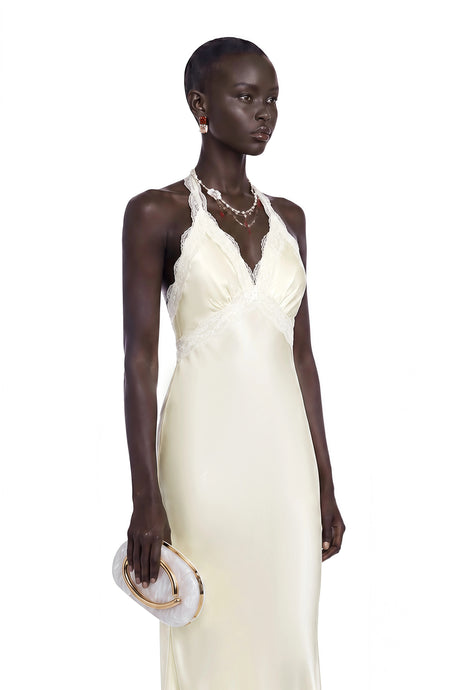 Guenda Maxi Dress White Plunge Neck Halterneck with Lace Trim