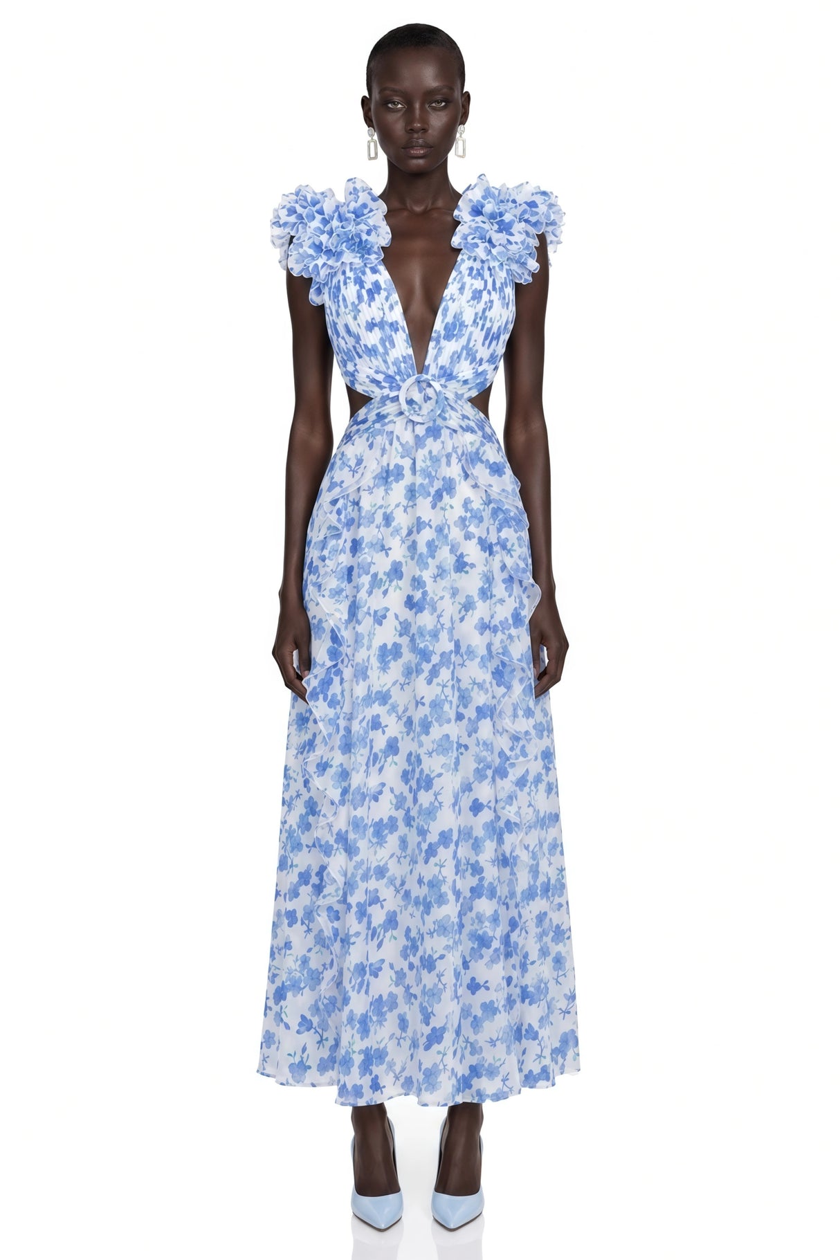 Marjorie Blue Floral Print Maxi Dress with Ruffled Trim
