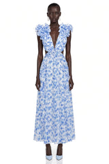 Marjorie Blue Floral Print Maxi Dress with Ruffled Trim