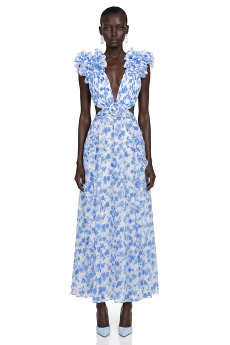 Daniela Maxi Dress Blue Floral Print with Ruffled Trim