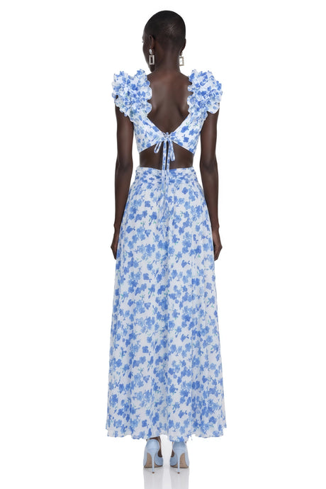 Daniela Maxi Dress Blue Floral Print with Ruffled Trim