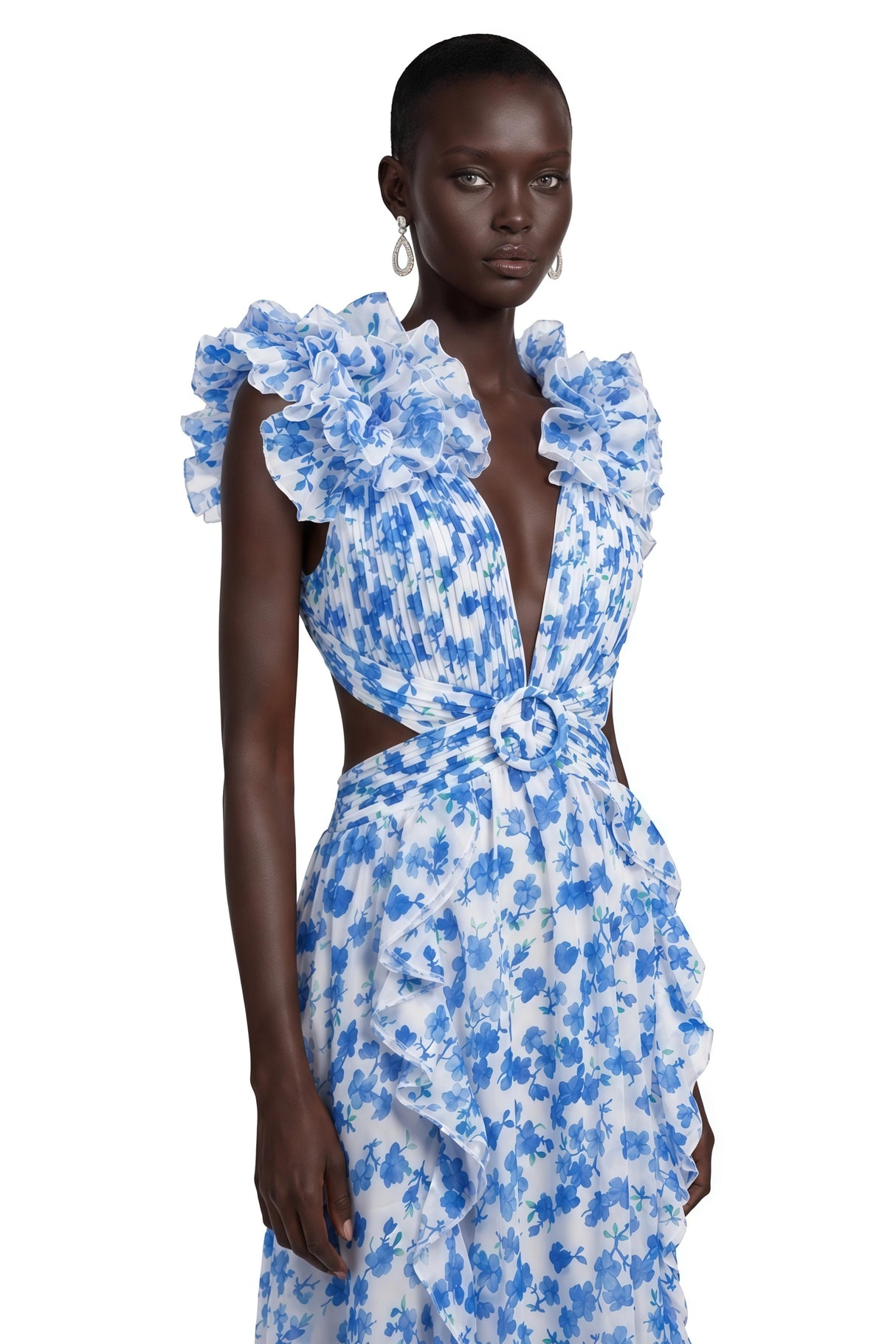 Marjorie Blue Floral Print Maxi Dress with Ruffled Trim