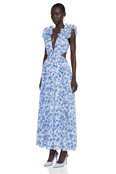 Daniela Maxi Dress Blue Floral Print with Ruffled Trim