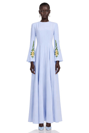 Markéta Blue Pleated Maxi Dress with Floral Appliqué