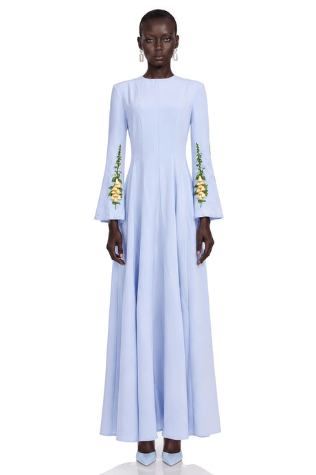 Brynn Maxi Dress Blue Pleated with Floral Appliqué