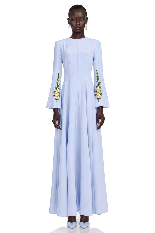 Markéta Blue Pleated Maxi Dress with Floral Appliqué