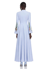 Markéta Blue Pleated Maxi Dress with Floral Appliqué