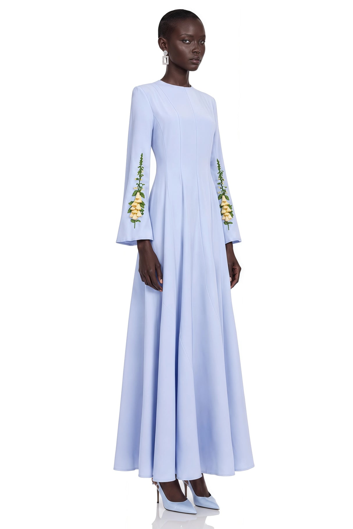 Markéta Blue Pleated Maxi Dress with Floral Appliqué