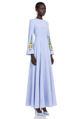 Markéta Blue Pleated Maxi Dress with Floral Appliqué