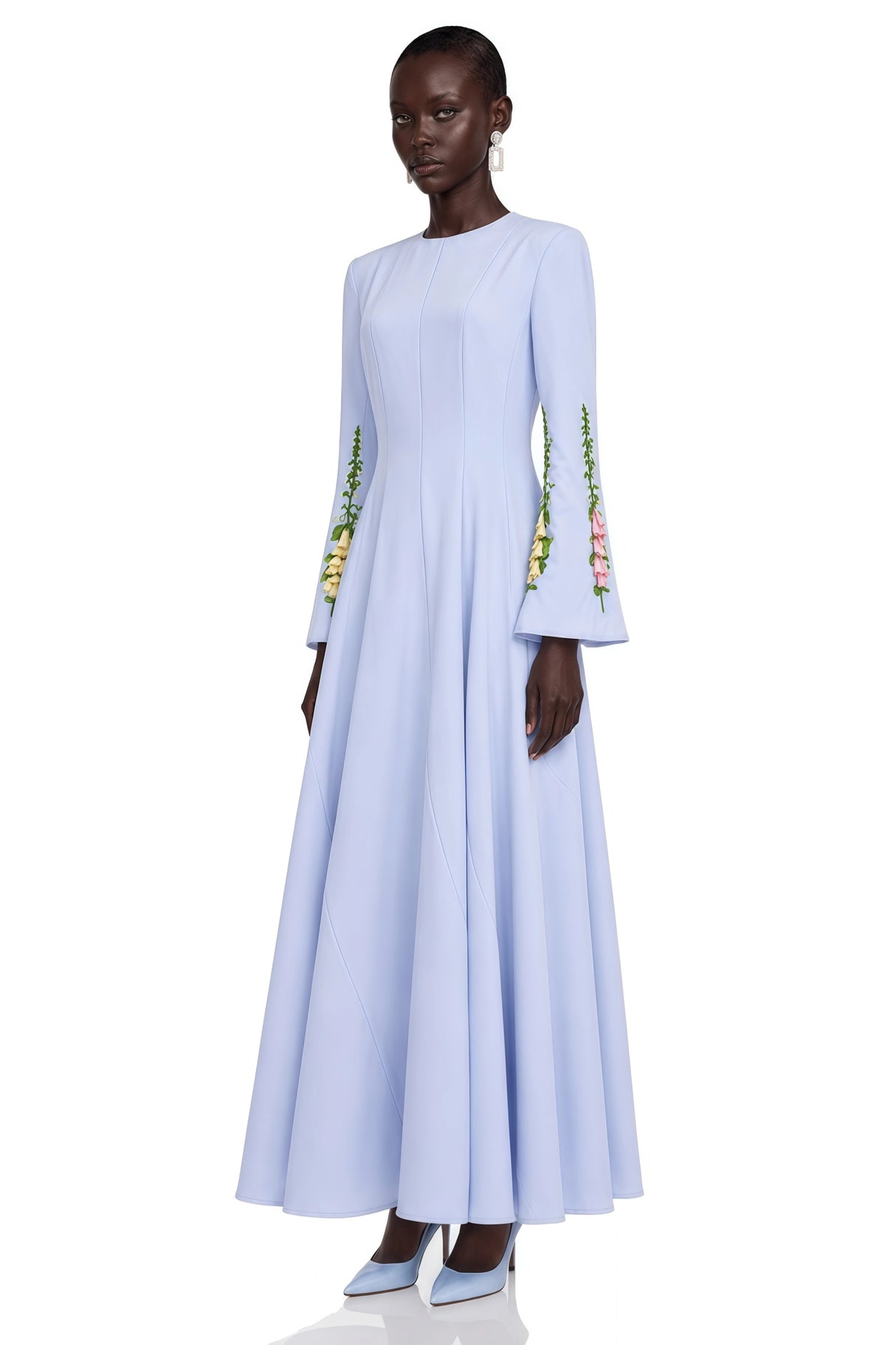 Markéta Blue Pleated Maxi Dress with Floral Appliqué