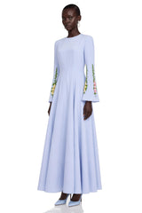 Markéta Blue Pleated Maxi Dress with Floral Appliqué