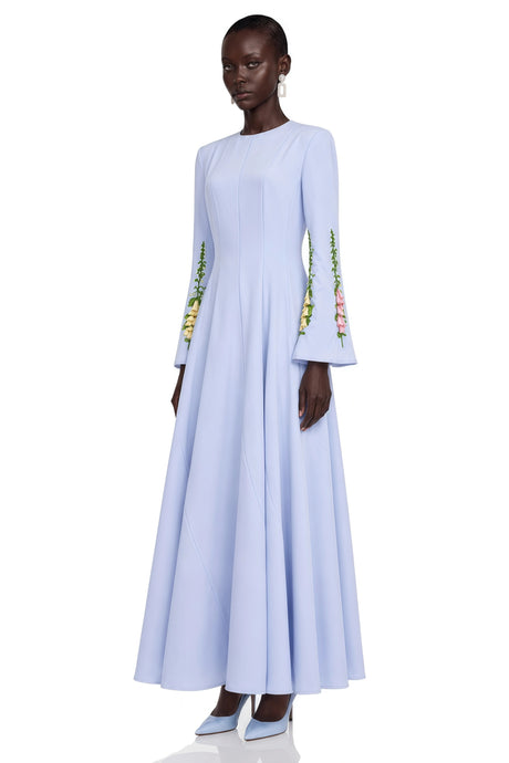 Brynn Maxi Dress Blue Pleated with Floral Appliqué