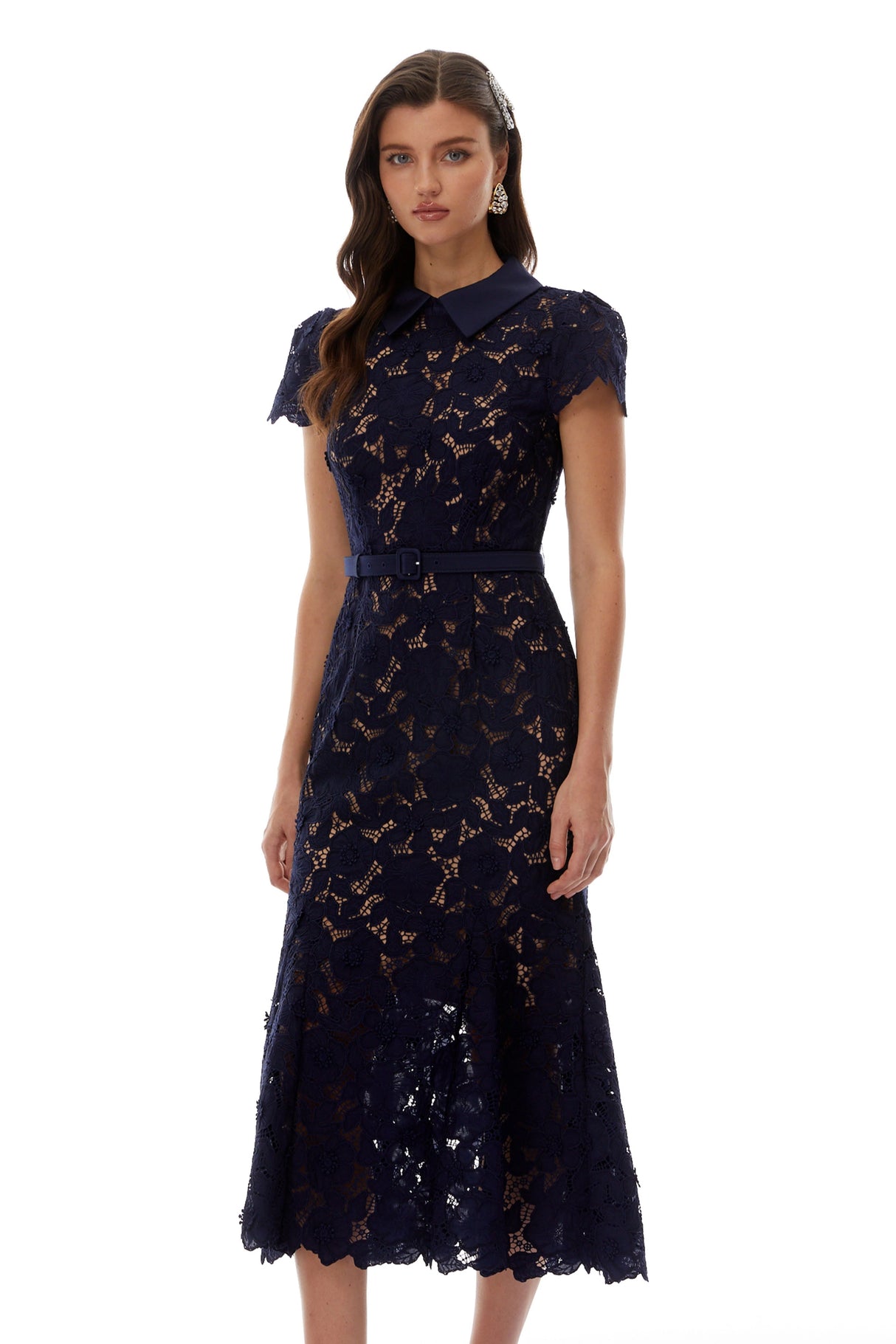 Marlene Navy Blue Floral Lace Midi Dress