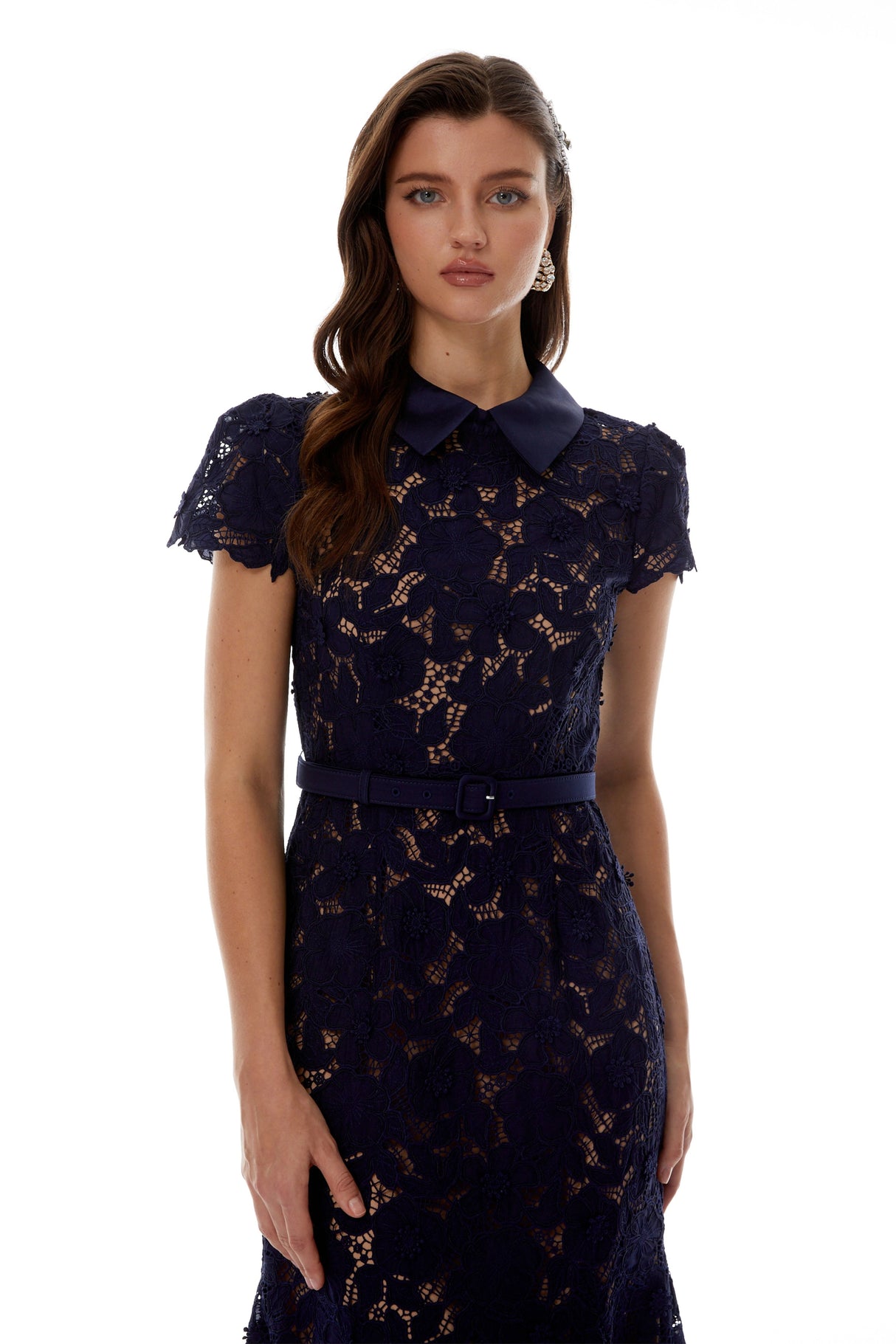 Marlene Navy Blue Floral Lace Midi Dress
