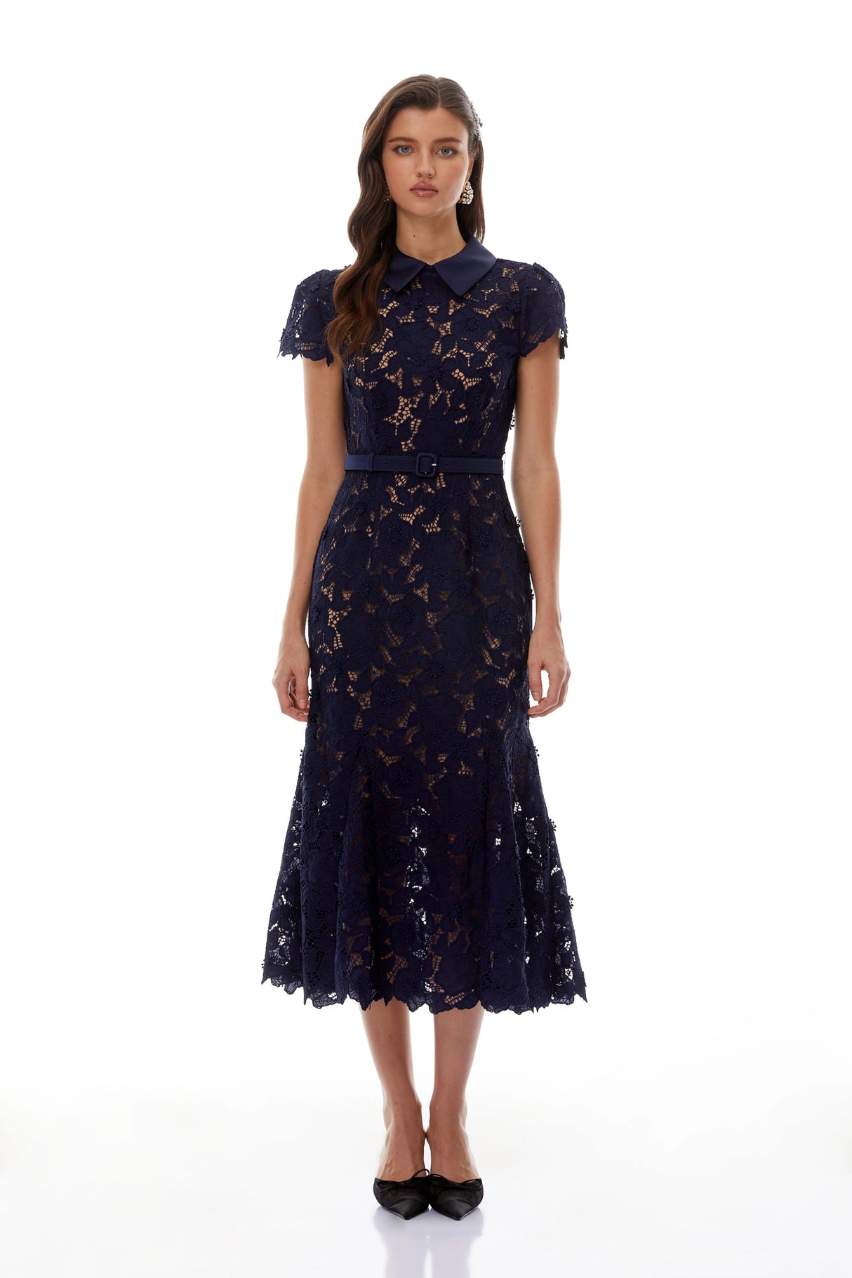 Marlene Navy Blue Floral Lace Midi Dress