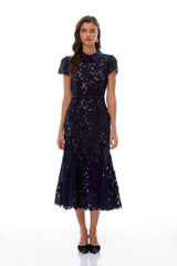 Marlene Navy Blue Floral Lace Midi Dress