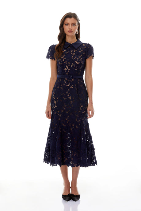 Sarah Midi Dress Navy Blue Floral Lace
