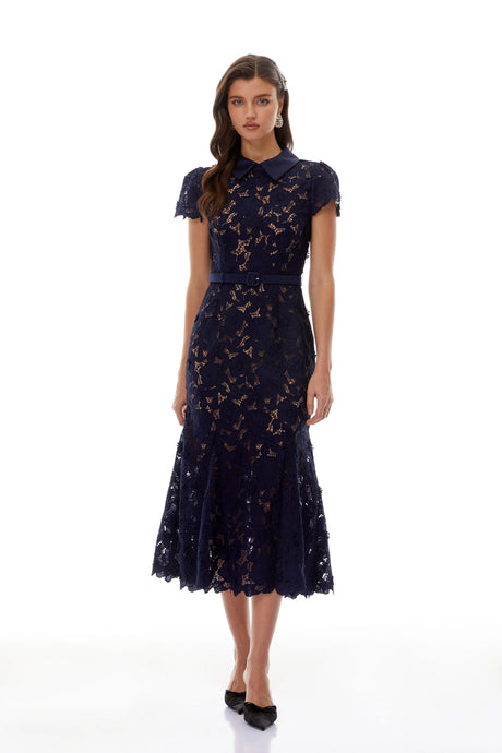 Sarah Midi Dress Navy Blue Floral Lace
