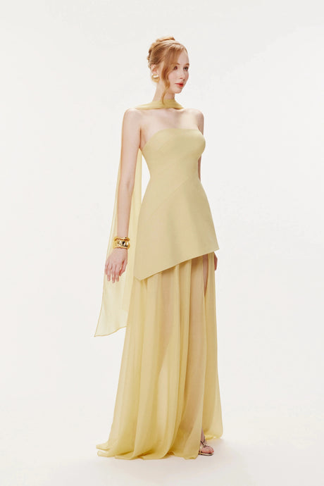 Bristol Dress Yellow Strapless Layered Train