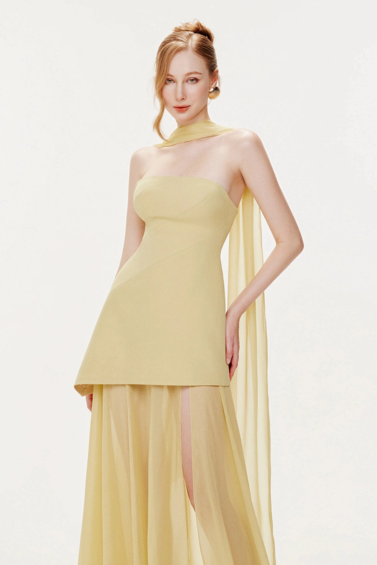Marlis Yellow Strapless Layered Train Dress