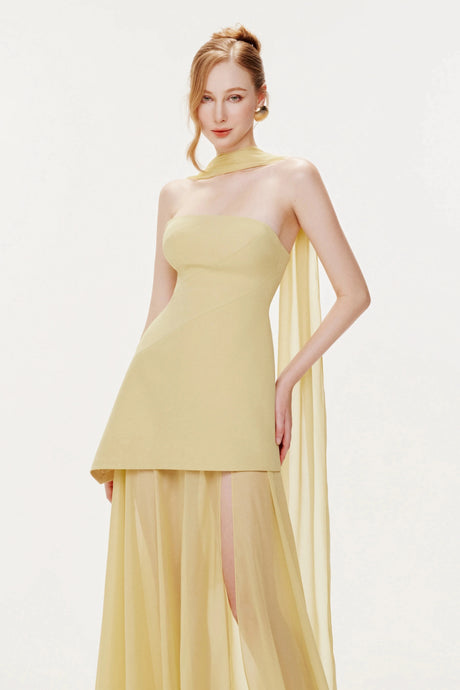 Bristol Dress Yellow Strapless Layered Train