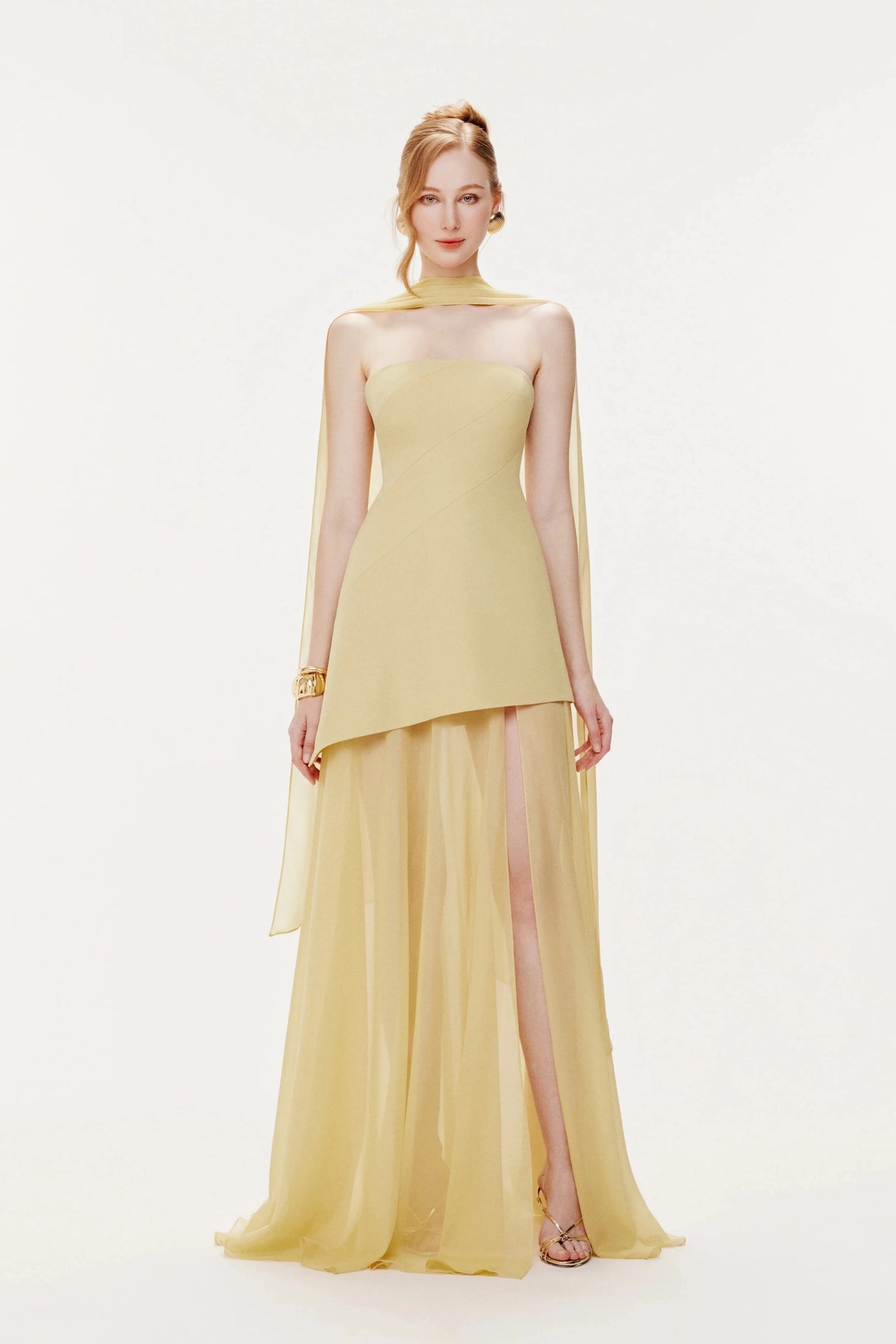 Marlis Yellow Strapless Layered Train Dress