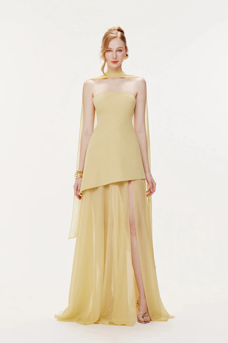 Bristol Dress Yellow Strapless Layered Train