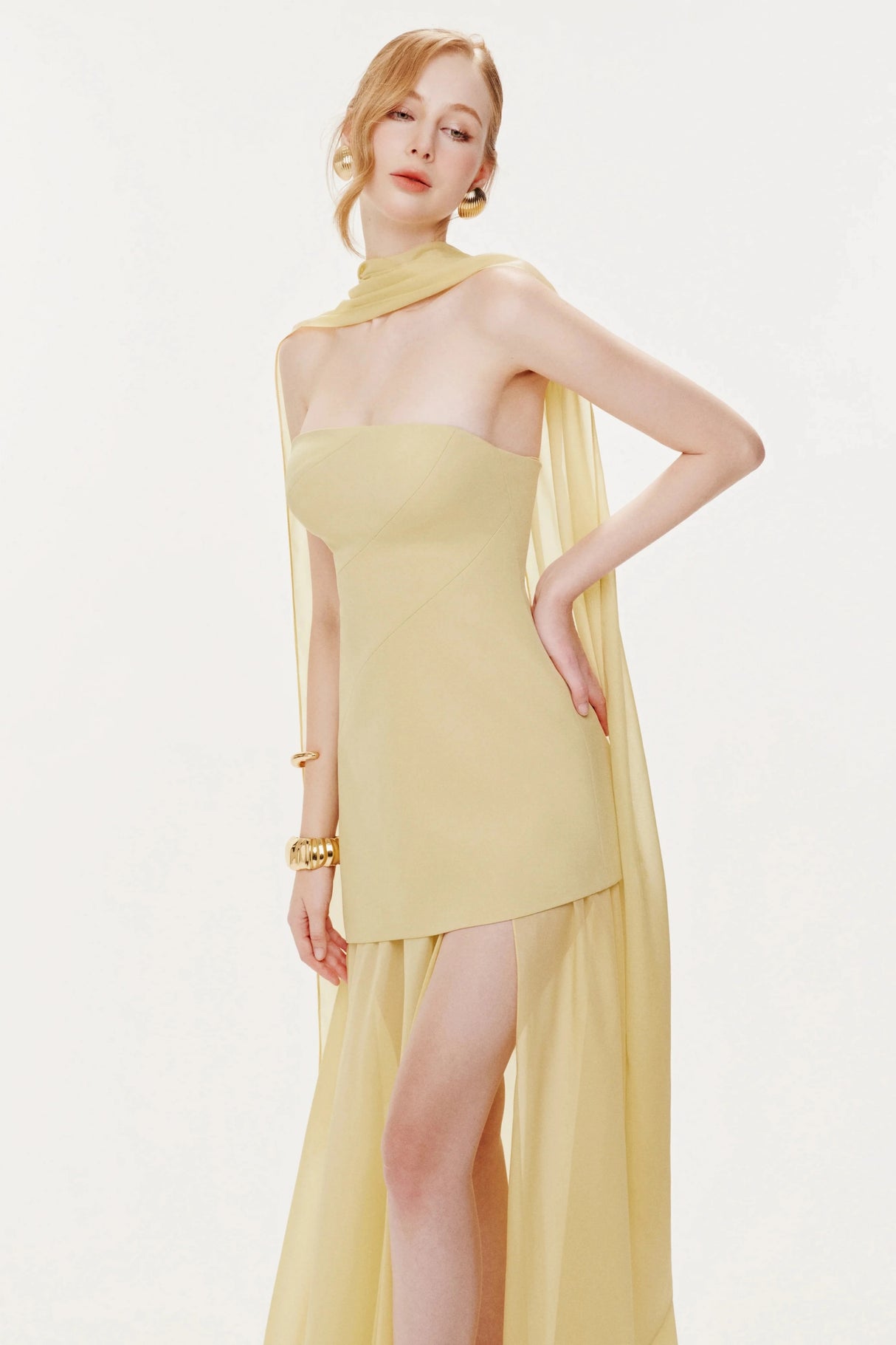 Marlis Yellow Strapless Layered Train Dress