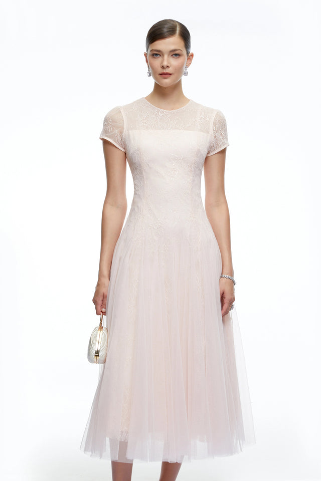 Marnie Pink Short Sleeves Sequin Midi Dress