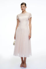 Marnie Pink Short Sleeves Sequin Midi Dress
