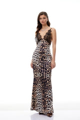 Marta Brown Lace Panel Leopard Satin Maxi Dress