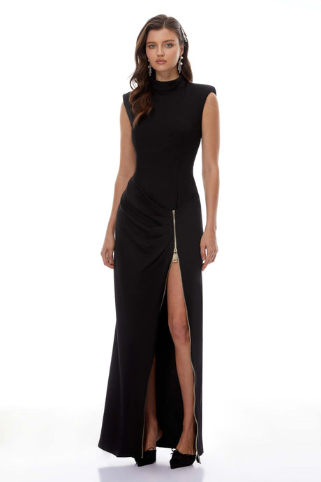 Flaminia Maxi Dress Black with Zip Up Detail