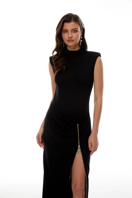 Flaminia Maxi Dress Black with Zip Up Detail